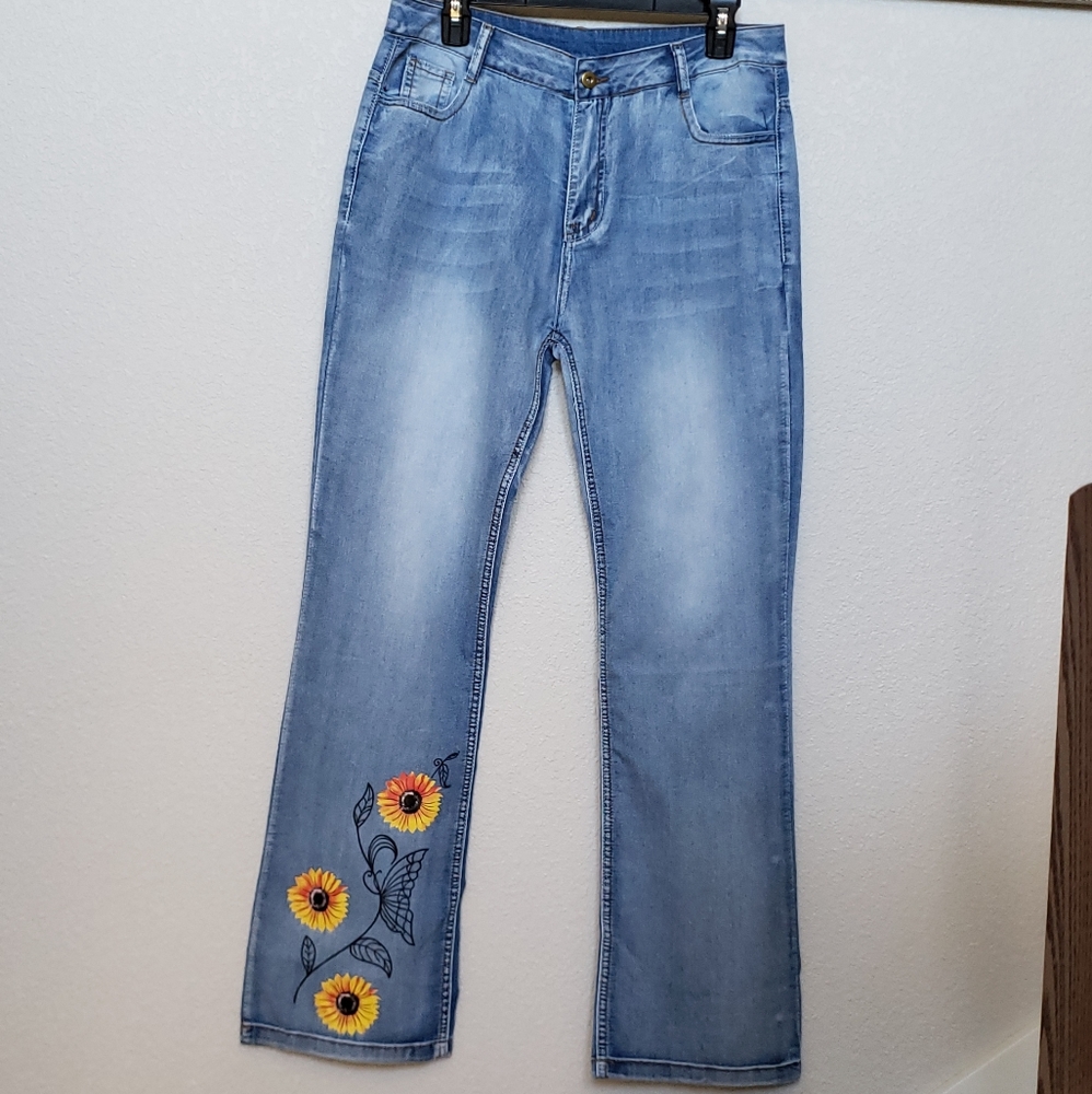 Hippie Chic Boot Cut Jeans With Sunflowers Size L - Picture 8 of 8